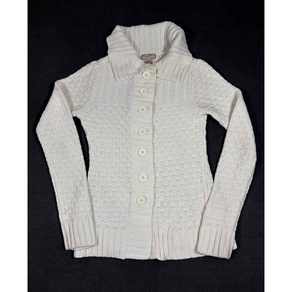 Arizona Cardigan Sweater Womens XS Beige Tight Knit Ribbed Trim Cozy Warm Winter